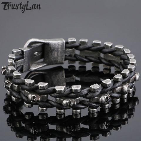 Personality Skull Bracelets For Men Stainless Steel Gothic Ghost Head Leather Bracelet Male With Belt Buckle Armbanden Jewelry ► Photo 1/6