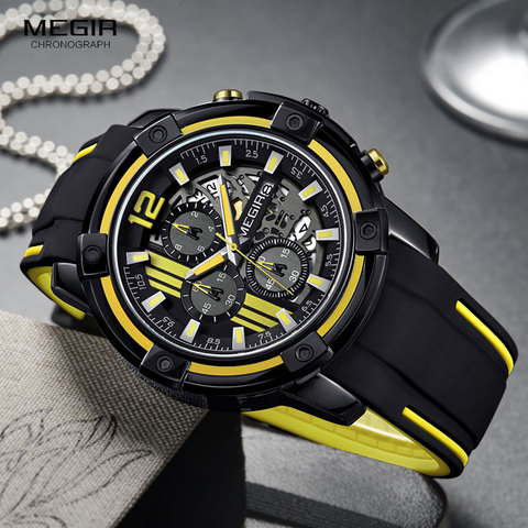Megir Men's Black Silicone Strap Quartz Watches Chronograph Sports Wristwatch for Man 3atm Waterproof Luminous Hands 2097 Yellow ► Photo 1/6