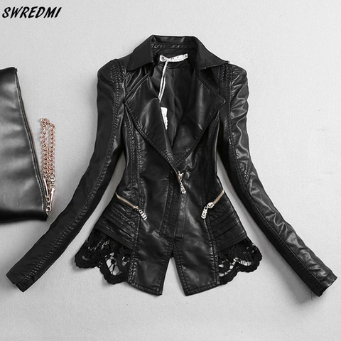 SWREDMI Women's Leather Jacket 2022 New Slim Fashion Lace Stitching Leather Clothing Female S-3XL Leather Coat Black Tops ► Photo 1/2
