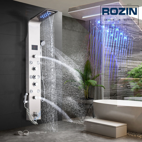 Brushed Nickel Shower Panel Wall Mounted Led Light Rain Waterfall Shower Head Bath Shower Set with Bidet Sprayer Massage Jets ► Photo 1/6
