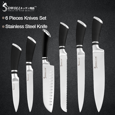 Sowoll 6pcs Stainless Steel Kitchen Tool Set Bend Comfortable Handle Chef Slicing Bread Santoku Utility Paring Knife Home Gadget ► Photo 1/6