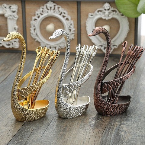 Swan Base Holder Fruit Forks Set Stainless Steel Salad Dessert Forks Spoon Coffee Cake Tools Tableware ► Photo 1/6