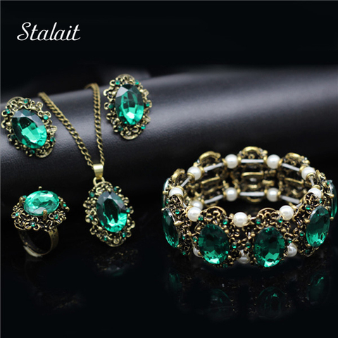 Fashion Wedding Bridal Jewelry Sets Green Crystal Antique Bronze Jewelry Set Necklace Earrings Bracelet Rings Christmas Gift ► Photo 1/5