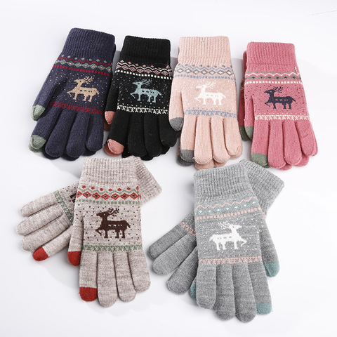 Vintage Christmas Deer Knitted Gloves Women Thicken Touch Screen Gloves Winter Warm Snow Elk Full Finger Mittens Xmas Gift Luvas ► Photo 1/6