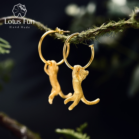 Lotus Fun Real 925 Sterling Silver Earrings Creative Handmade Fine Jewelry Cute 18K Gold Kung Fu Cat Drop Earrings for Women ► Photo 1/6