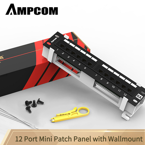 AMPCOM 12-Port Cat6A / Cat6/ Cat5E UTP Mini Patch Panel with Wallmount Bracket Included Black ► Photo 1/6