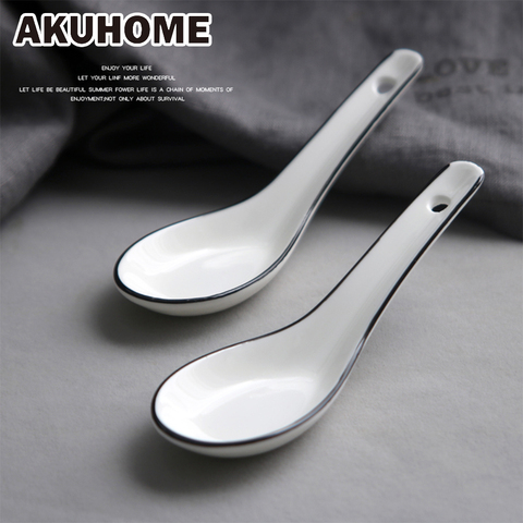 Japanese Simple Ceramic Long Handle Spoon Bone China Spoon Set Black Line Spoon 2 Loaded ► Photo 1/5