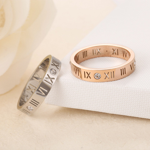 Titanium Steel Mosaic Cubic Zirconia Crystal Roman Numeral Ring Classic Engagement Wedding Rings For Women Anneau R17158 ► Photo 1/6