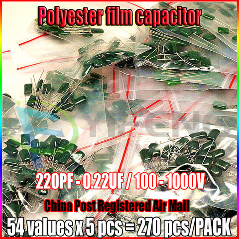 Polyester film capacitor 54values x 5pcs 220PF - 0.22UF Assorted Capacitor Kit 100 - 1000V Total 270pcs Polyester Capacitor Pack ► Photo 1/1