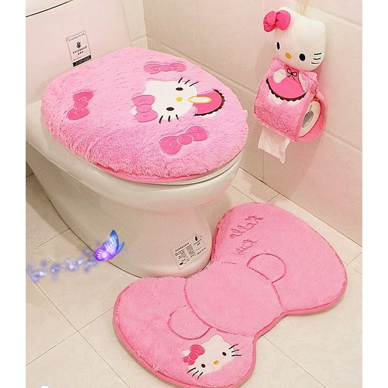 4PCS Hello Kitty Bathroom Set Toilet Cover WC Seat Cover Bath Mat Holder Pink 
