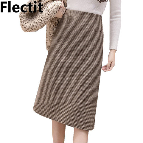 Flectit Fall Winter Warm Wool Houndstooth High Waist Pencil Midi Skirt Slim Knee Length Back Split Work Skirt Plus Size S- XXL ► Photo 1/6