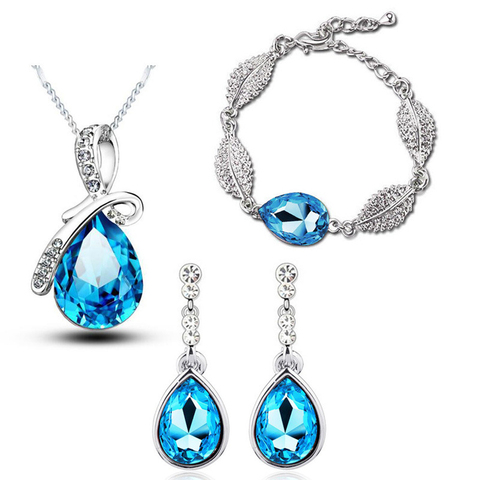 Austrian Crystal jewelry drops Acacia leaves pendant wedding jewelry sets (fashion necklace + chandelier earrings + bracelets ) ► Photo 1/6