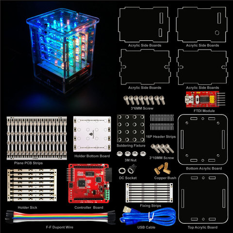 2022NEW! Keyestudio 4*4*4 RGB LED Display C ube Starter Kit for Arduino project+RGB Driver board+FDTI module (Unassembled) ► Photo 1/1