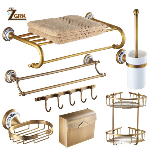 ZGRK Antique Bathroom Blue and White Porcelain Accessories Carved Copper-Alloy Hardware Set Wall Mounted Bathroom Hardware Kit ► Photo 1/6