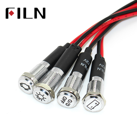 FILN 8mm Warning Dashb red yellow white blue green 12v led indicator light with 20cm cable with symbol ► Photo 1/5