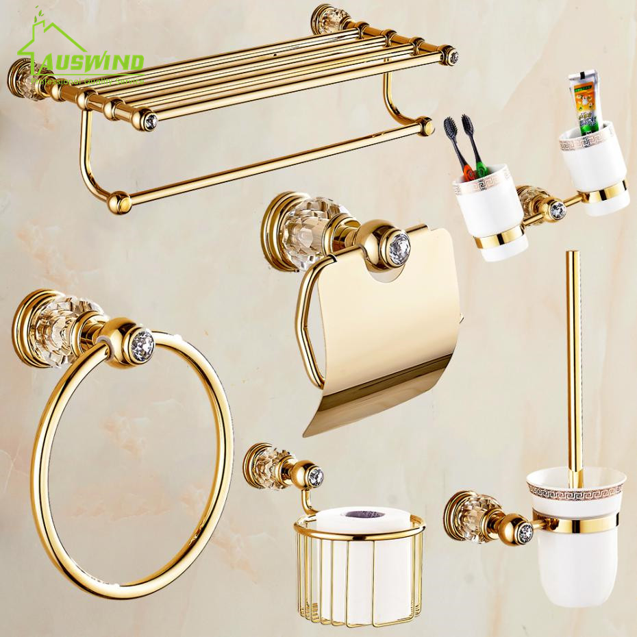 Luxury Crystal Bathroom Accessories Gold Polished Brass Wall Bath Hardware Sets 