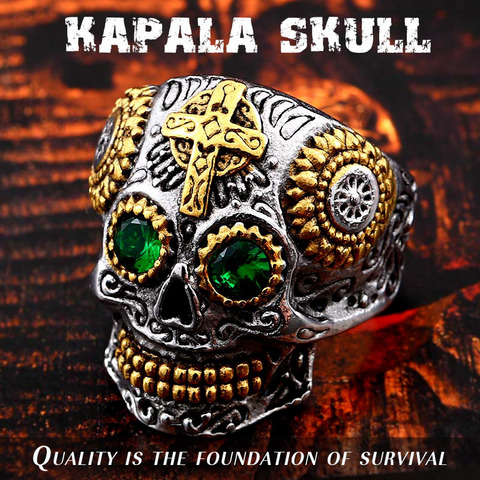 BEIER Stainless Steel Gothic gold Carving kapala skull mask Ring Biker Hiphop rock Jewelry Unique fashion Gift for men BR8-327 ► Photo 1/6