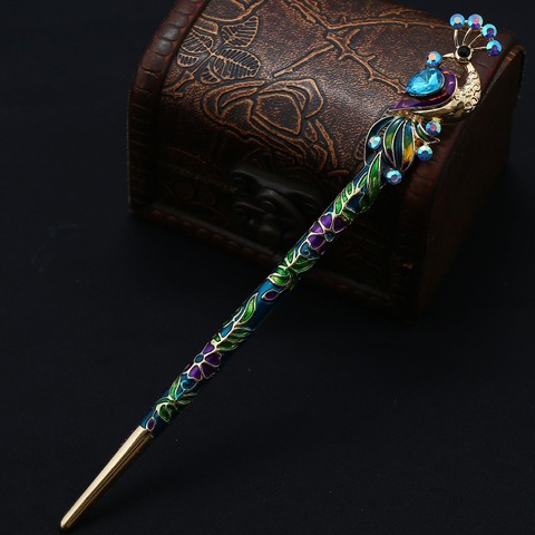 Retro Women Cloisonne Enamel Crystal Peacock Hair Stick Hairpin Chinese Style Handmade Hair Accessories ► Photo 1/6