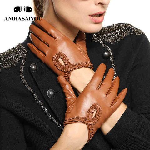 Simple autumn leather gloves women  High grade Genuine Leather sheepskin gloves lace driving touch gloves- L097 ► Photo 1/6