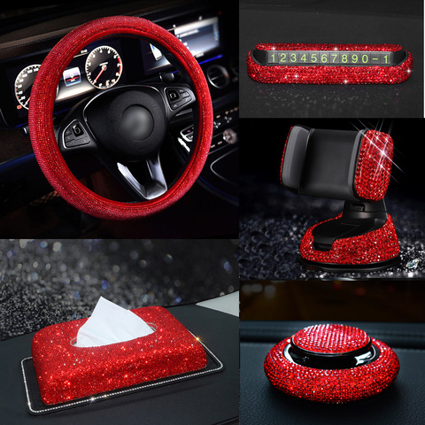 Red Rhinestone Car Interior Accessories for Women Diamond Steering Wheel Cover Crystal Car Mount Holder Keychain Tissue Box Deco ► Photo 1/6