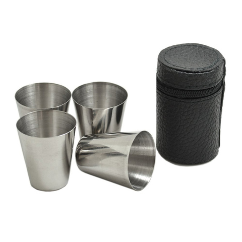UPORS 4Pcs/Set Stainless Steel Shot Glass Portable 1/2/2.5/6 OZ Wine Cup with Leather Case Mini Pocket Flask Alcohol Cup Bar Set ► Photo 1/6