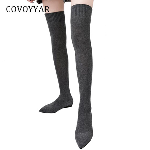 COVOYYAR 2022 Stretch Socks Boots Women Slim Elastic Knitted Long Thigh High Boots Pointed Toe Flat Black Shoes Women WBS1017 ► Photo 1/6