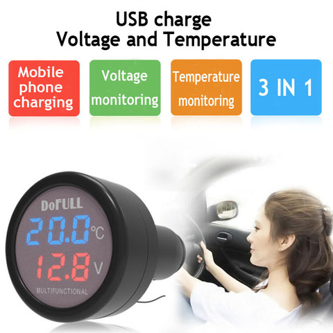 Dofull 3 in 1 Digital LED car Voltmeter Thermometer Auto Car USB Charger 12V/24V Temperature Meter DC Voltage Cigarette Lighter ► Photo 1/6