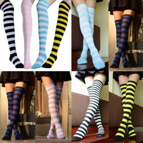 Sexy Black White Striped Long Socks Women Over Knee Thigh High