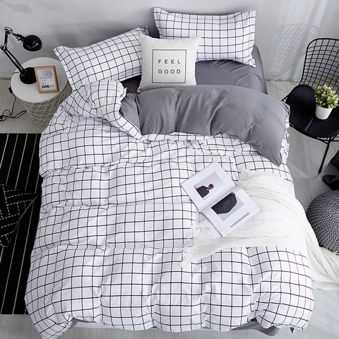 Bonenjoy Queen Size Bedding Set White Color Black Plaid Microfiber Reactive Printed King Size Bed Linen Sets For Bedroom Kit ► Photo 1/6