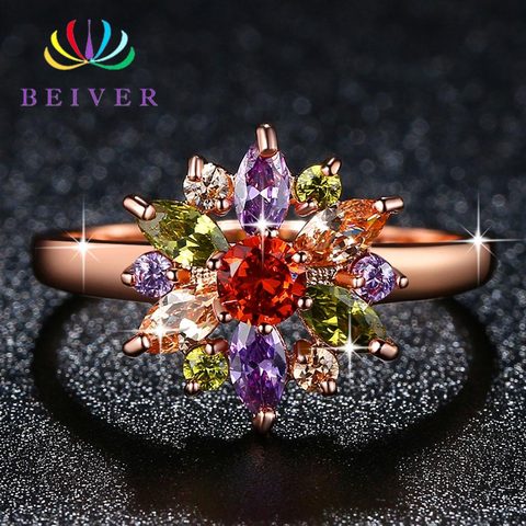 Beiver Multi-color Zircon Stone Flower Ring for Women Rose Gold Color Engagement / Party Jewelry ► Photo 1/6
