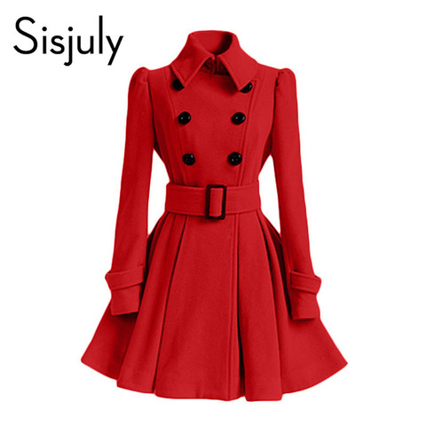 Sisjuly Red Wool Women Coat Winter Overcoat Double Breasted Belt Slim Jacket Female Fashion Black Casual Outerwear Vintage Coat ► Photo 1/6