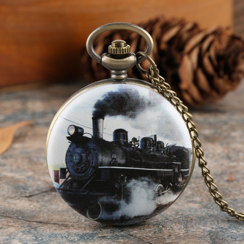 Collectibles Train Car Print Pendant Pocket Watch Fob Chain Necklace Mens Flip Retro Case Quartz Watch Hour Clock for Men Women ► Photo 1/6