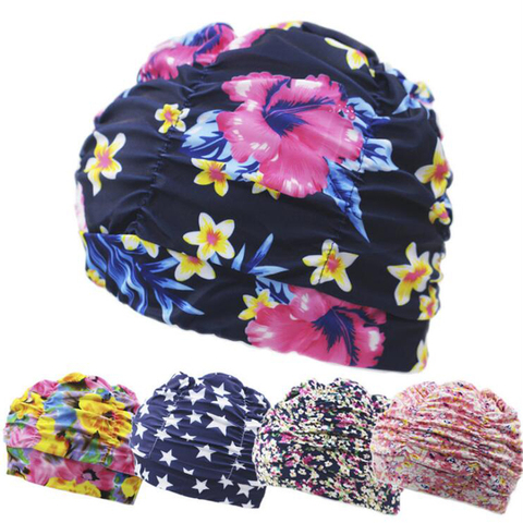 Pleated Flower Petal Prints Fabric Swimming Cap Swim Pool Beach Surfing Protect Long Hair Ears Caps Hats Plus Size for Women Men ► Photo 1/6