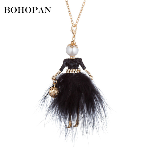 New Design Doll Necklace Fluffy Feather Dress Long Chain Pendant Rhinestone Necklaces Women Girl Ball Bag Statement Jewelry 2022 ► Photo 1/6