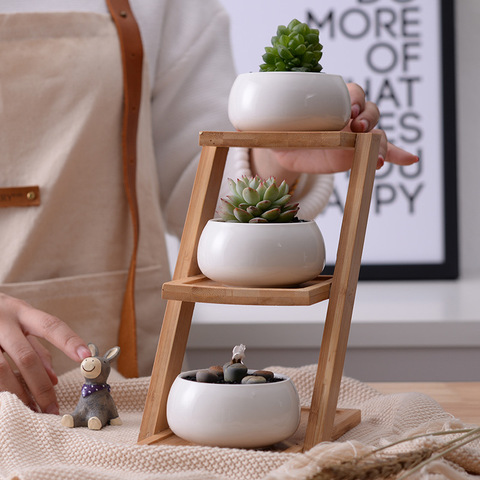 1 Set Modern Minimalist White Ceramic Flowerpot Succulent Plant Pot 3 Bonsai Planters with 3-Tier Bamboo Shelf Home Garden Decor ► Photo 1/6
