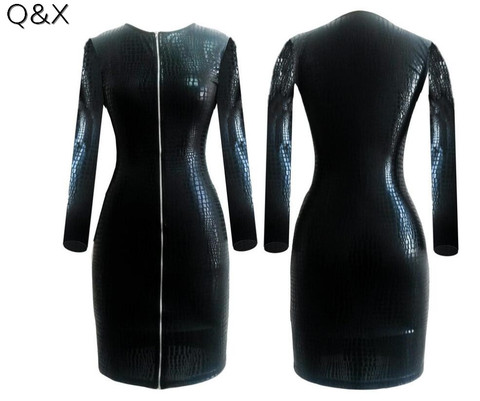 S-3XL 2022 Plus Size Sexy Club Faux Leather Dress Women Black Snakeskin PVC Bandage Dress Bodycon Front Zipper Fashion Dress ► Photo 1/2