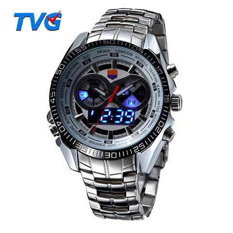 Hot TVG Male Sports Watch Men Full Stainless Steel Waterproof Quartz-watch Digital Led Analog Dual Display Men's Wrist Watches ► Photo 1/6