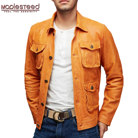 MAPLESTEED Genuine Leather Jacket Men Leather Coat Vegetable Tanned Matte Genuine Goat Skin Pockets Yellow Male Leather Coat 158 ► Photo 1/6