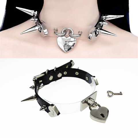 Cute Lolita Spikes Studs Handmade Leather Patchwork Collar Safe heart Lockable KEY Choker Necklace ► Photo 1/6