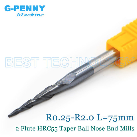 1pcs-R0.25 R0.5 R0.75 R1.0 R1.5 R2.0 CNC Tungsten solid carbide Coated Tapered Ball Nose End Mills Taper cone milling cutter ► Photo 1/1