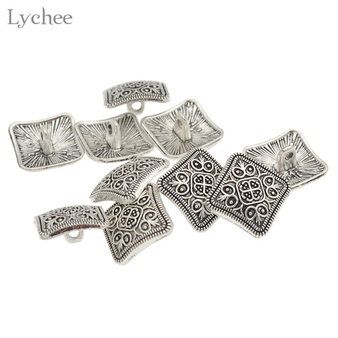 Lychee Life 10pcs Square Silver Flower Metal Shank Button Carved Jeans Button DIY Sewing Craft 13x13mm ► Photo 1/5