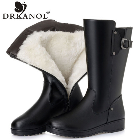 DRKANOL Natural Wool Fur Warm Snow Boots Women Winter Flats Mid Calf Boots Genuine Leather Waterproof Boots Black Big Size 35-43 ► Photo 1/6