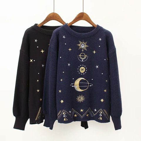 Buy Online Winter Sweater Women Fashion Moon Star Embroidery Knitting Sweaters Female Casual O Neck Warm Pullover Tops Autumn Loose Sweater Alitools