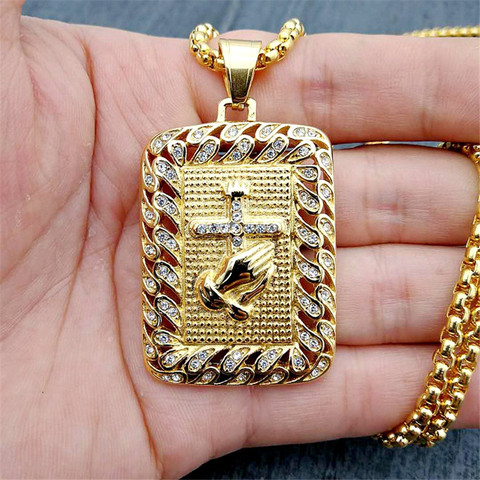 Religious Square Praying Hands Cross Pendant Necklace for Women/Men Gold Color Stainless Steel Christian Necklaces Male Jewelry ► Photo 1/5