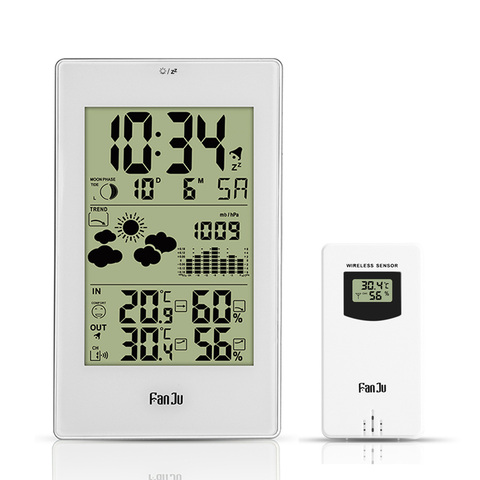 FanJu Digital Weather Station Wall Alarm Clock Thermometer Hygrometer Barometer Table Desk Morden Desgin Time Calendar Wireless ► Photo 1/6