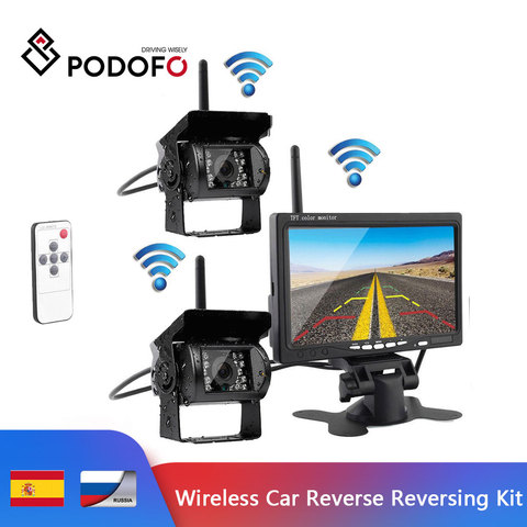 Podofo Wireless Car Reverse Reversing Dual Backup Rear View Camera for Trucks Bus Excavator Caravan RV Trailer with 7
