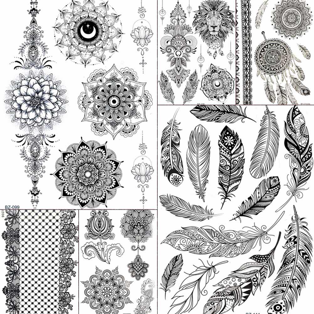 Buy Online Sexy Black Feather Mandala Flower Henna Temporary Tattoos Stickers Women Girls Body Large Boho Tattoo Arm Fake Tatoo Wedding Alitools