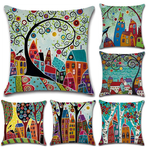 Hand-Painted Retro Rural Color Cities 45*45cm Cushion Cover Linen Throw Pillow Car Home Decoration Decorative Pillowcase ► Photo 1/5