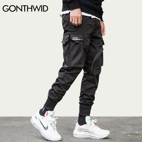 GONTHWID Ribbon Buckle Multi-Pockets Harem Joggers Pants