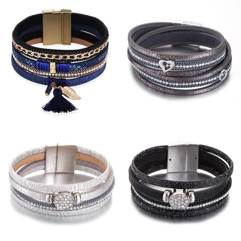 HOCOLE Fashion Gem Rhinestone Magnetic Leather Bracelets & Bangles Bohemian Handmade Multilayer Wrap jewelry Women gift pulseira ► Photo 1/6